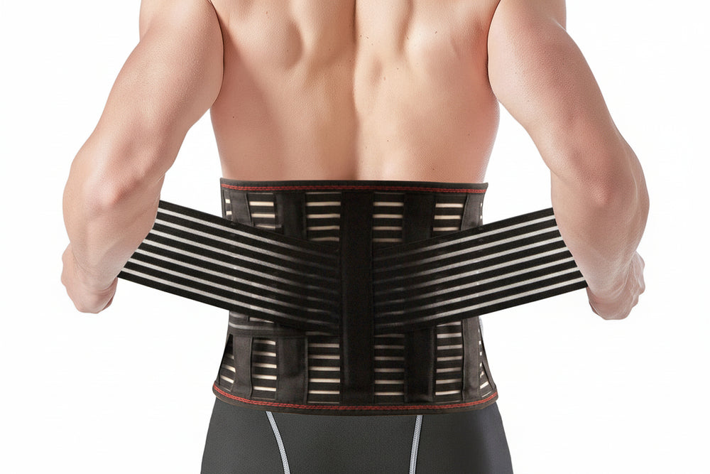 Ceinture lombaire ergonomique portée au dos avec sangles élastiques de maintien ajustable