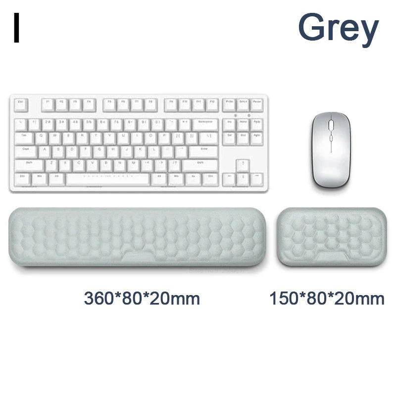 Repose-poignet à mémoire de forme gris pour clavier avec dimensions indiquées