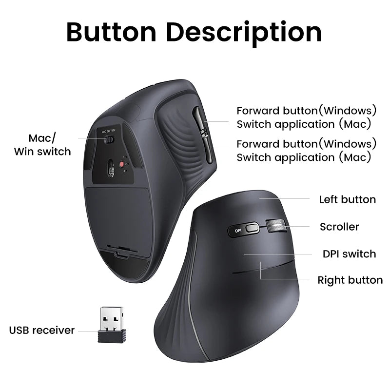 Souris Ergonomique Sans Fil – Bluetooth 5.0 & 2.4 GHz, Silencieuse & Ultra Précise