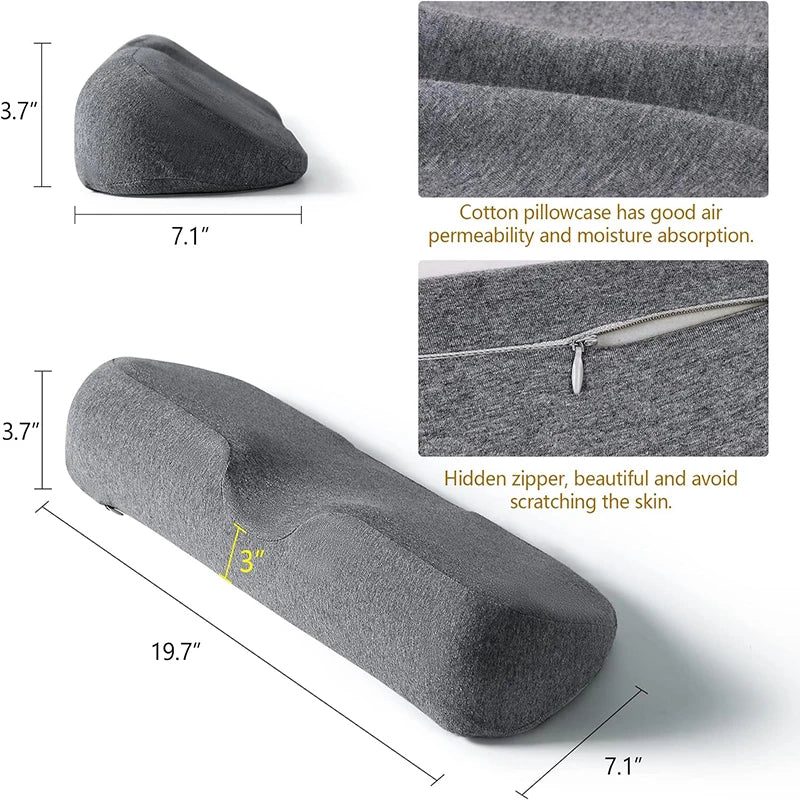 Oreiller ergonomique à mémoire de forme gris avec housse en coton respirant, fermeture éclair discrète et dimensions détaillées 50 cm x 18 cm x 9,5 cm