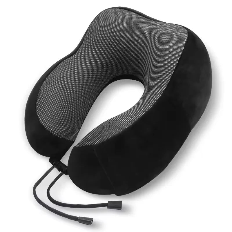 Oreiller de voyage ergonomique en U noir avec cordon de serrage ajustable, vue rapprochée