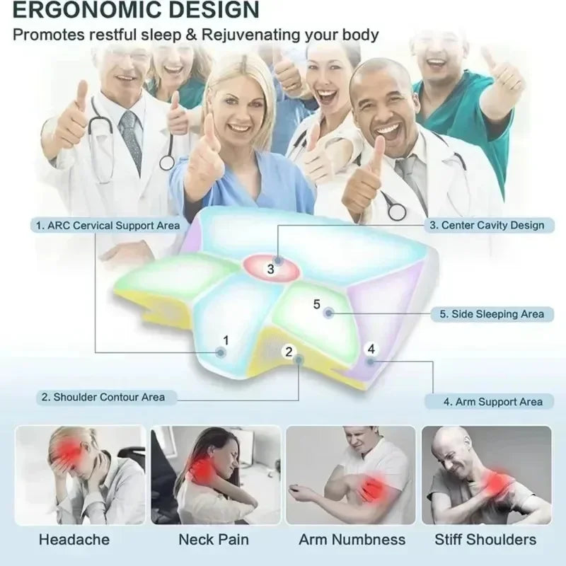 Illustration du design ergonomique de l’oreiller favorisant une position naturelle de la tête et du cou
